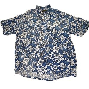 Dreamland Hawaiian Shirt Mens L Blue White Floral Rayon 48 Chest Tropical Aloha